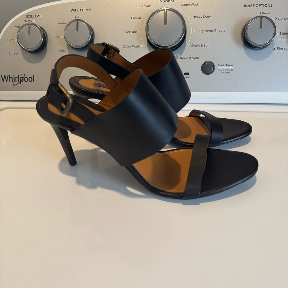 Ralph Lauren Purple Label Leather Heeled Sandal Black Made in Italy 38.5
